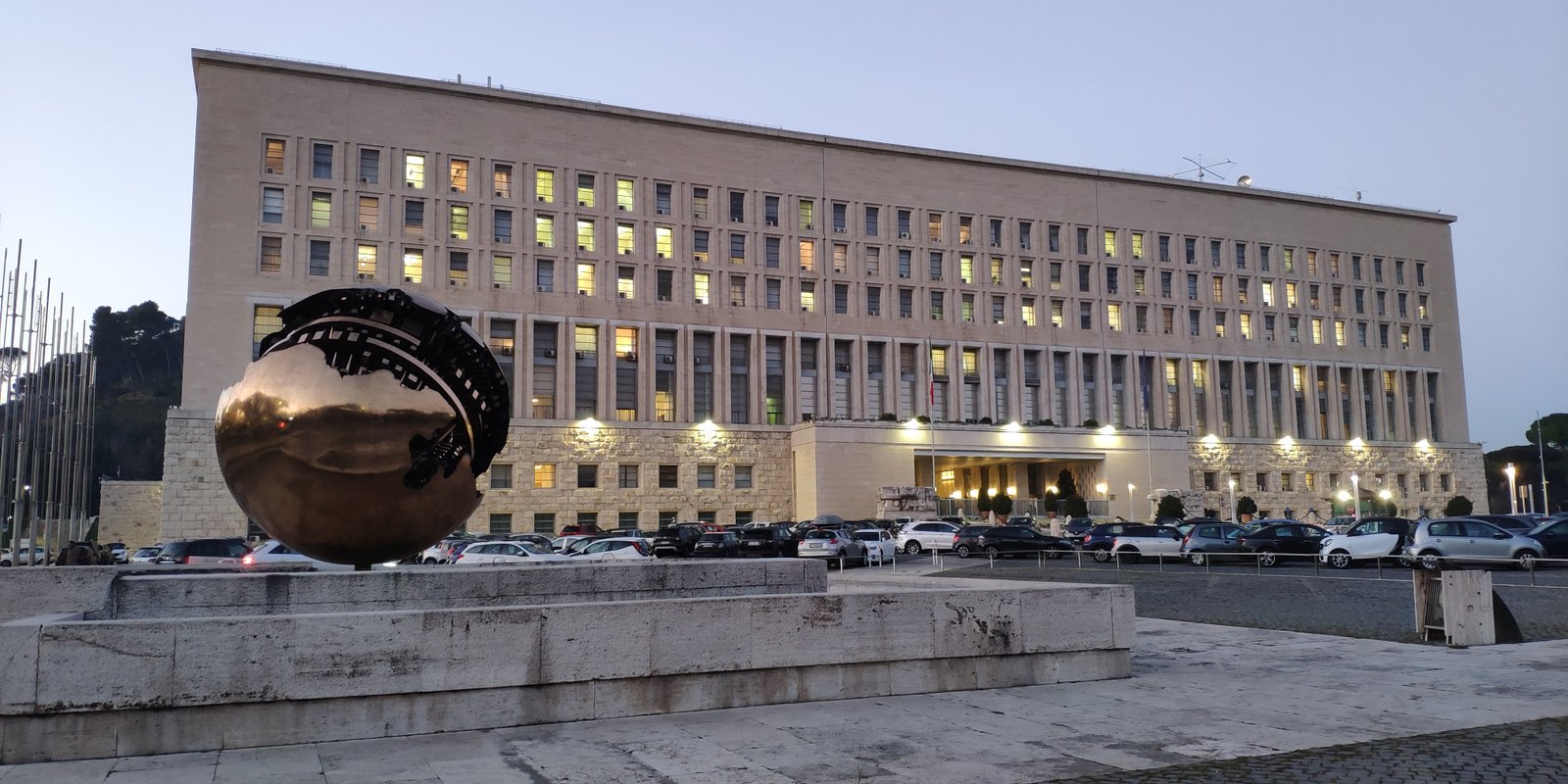 Travertine facade of Palazzo della Farnesina in Rome seen from the Foro Italico approach