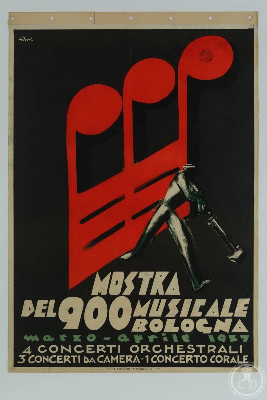 Sironi poster for the Mostra del Novecento Musicale in Bologna, 1927: red musical notes and a green trumpeter
