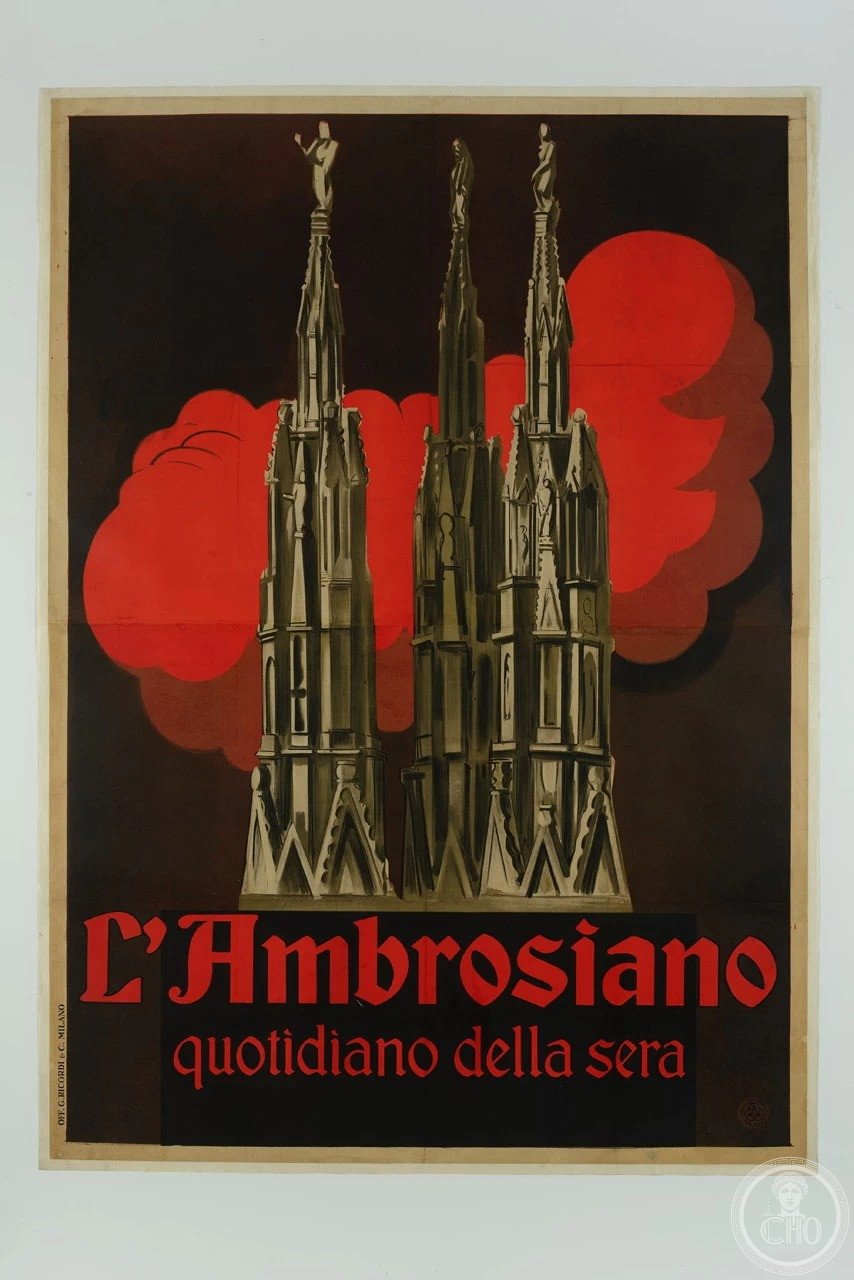 Sironi poster for L'Ambrosiano evening edition: the spires of Milan Cathedral against a red cloud