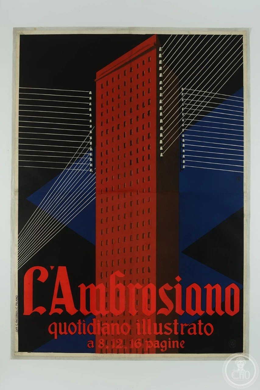 Sironi poster for L'Ambrosiano illustrated daily: a red skyscraper with radiating telegraph wires