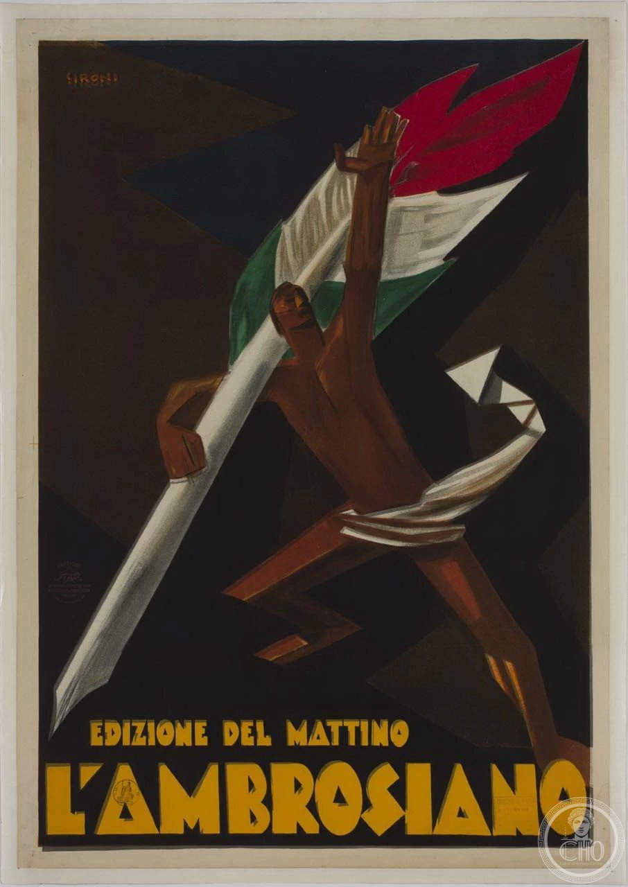 Sironi poster for L'Ambrosiano morning edition: a colossal figure striding with a huge Italian tricolour flag