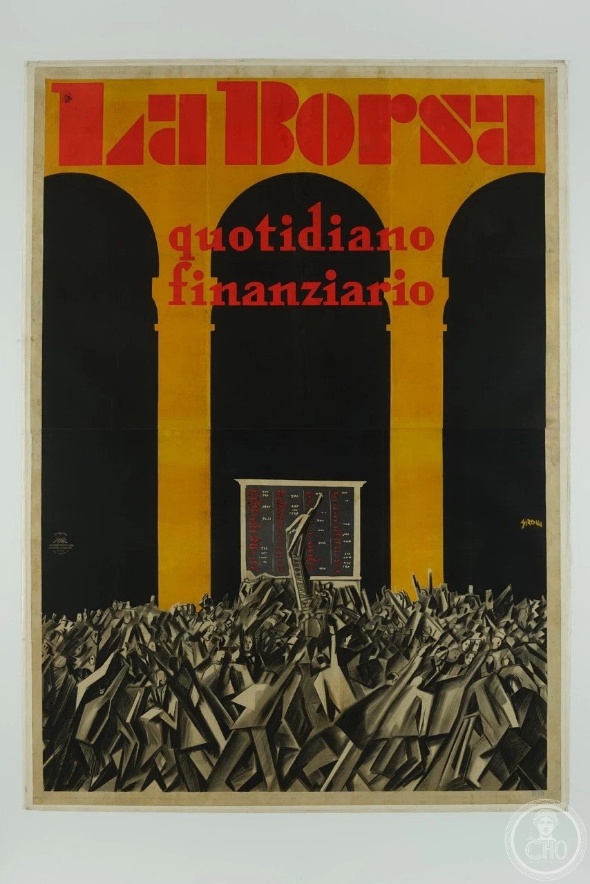 Sironi poster for the financial daily La Borsa: a frenzied crowd under three black arches