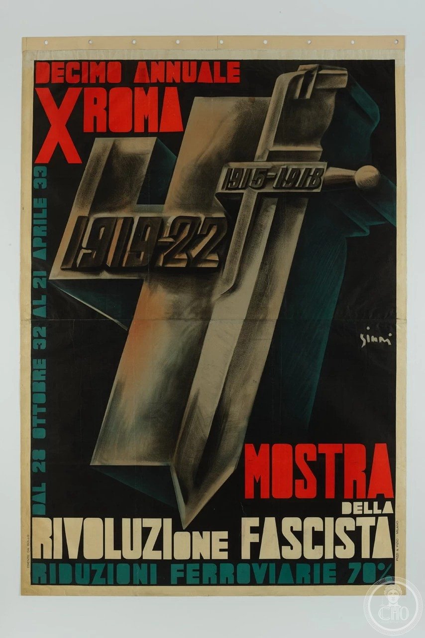 Sironi poster for the 1932 Exhibition of the Fascist Revolution: a Roman numeral X fused with a monumental blade
