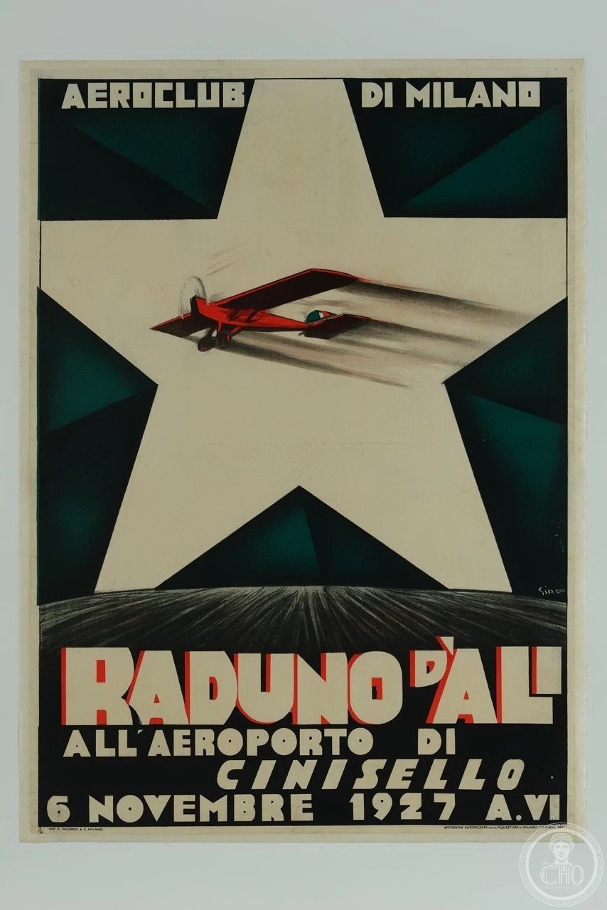 Sironi poster for the 1927 air rally at Cinisello airfield: a red monoplane crossing a white star