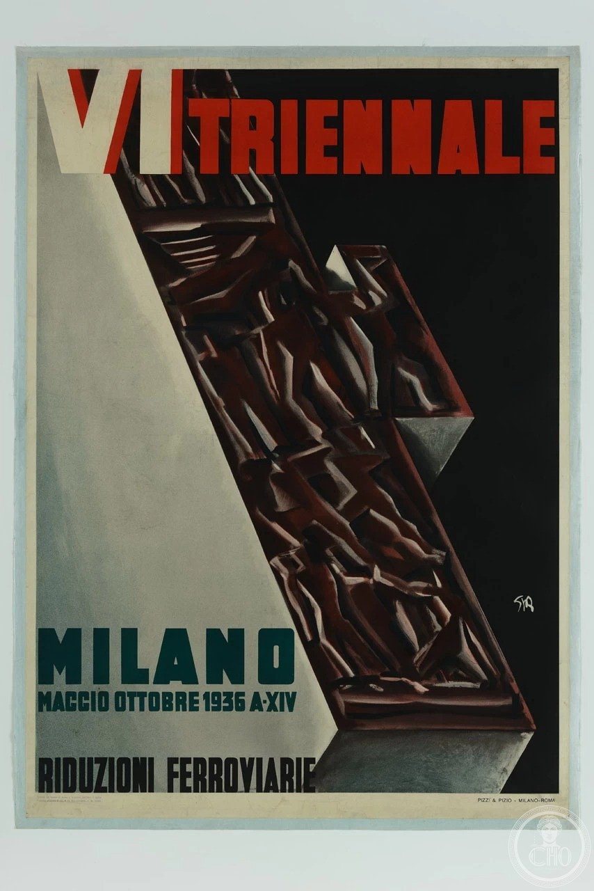Sironi poster for the sixth Milan Triennale, 1936: a relief of workers set into an angled architectural volume